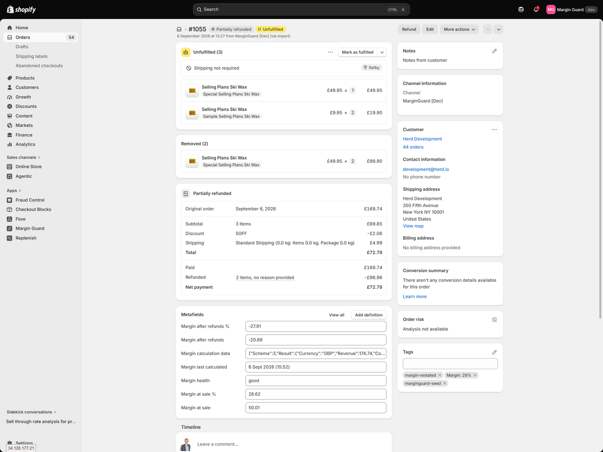 Margin Guard metafields on a Shopify order
