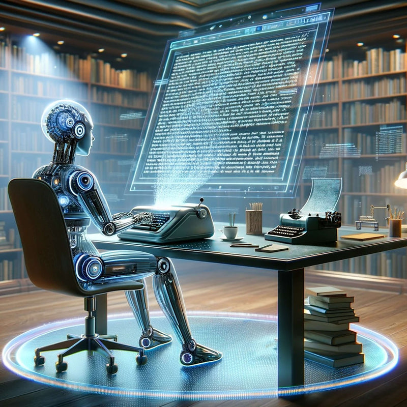 A robot typing at a desk in a library