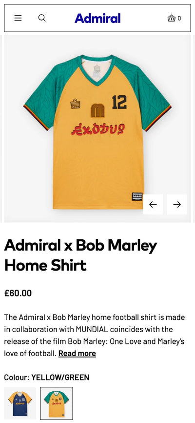 Admiral and Bob Marley green and yellow football shirt