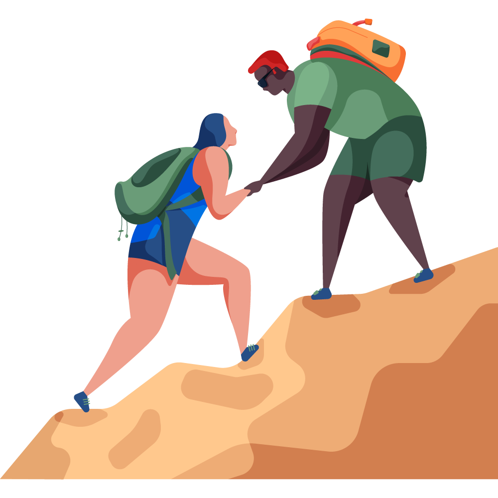 Personajes escalando la montaña